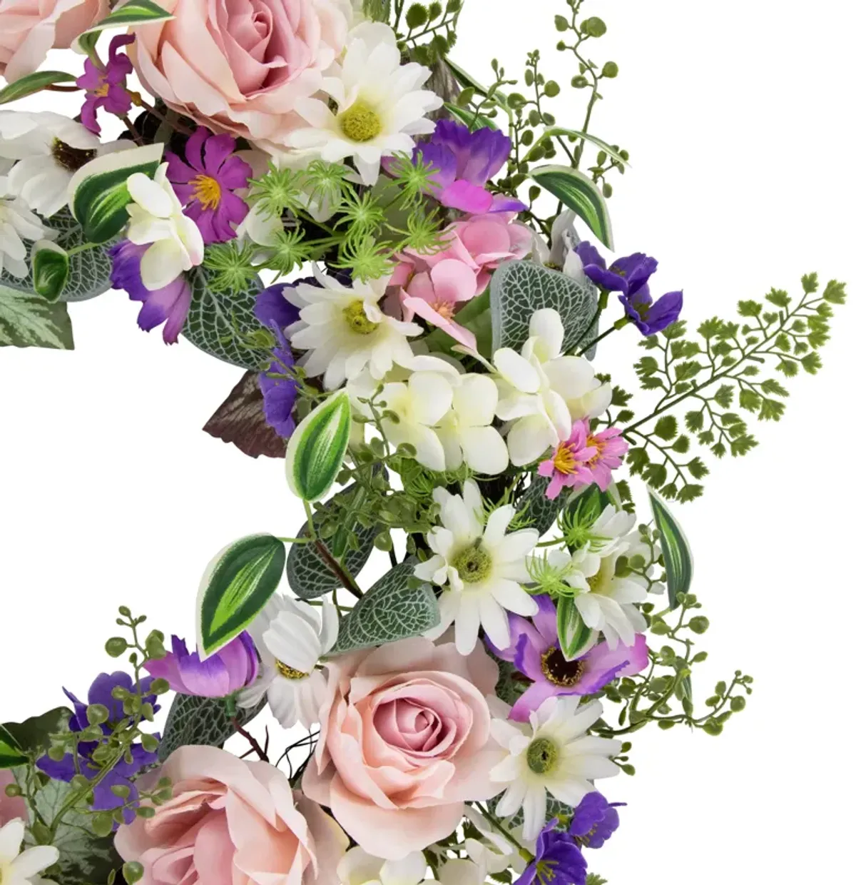 Mixed Floral and Fern Artificial Spring Wreath  24-Inch