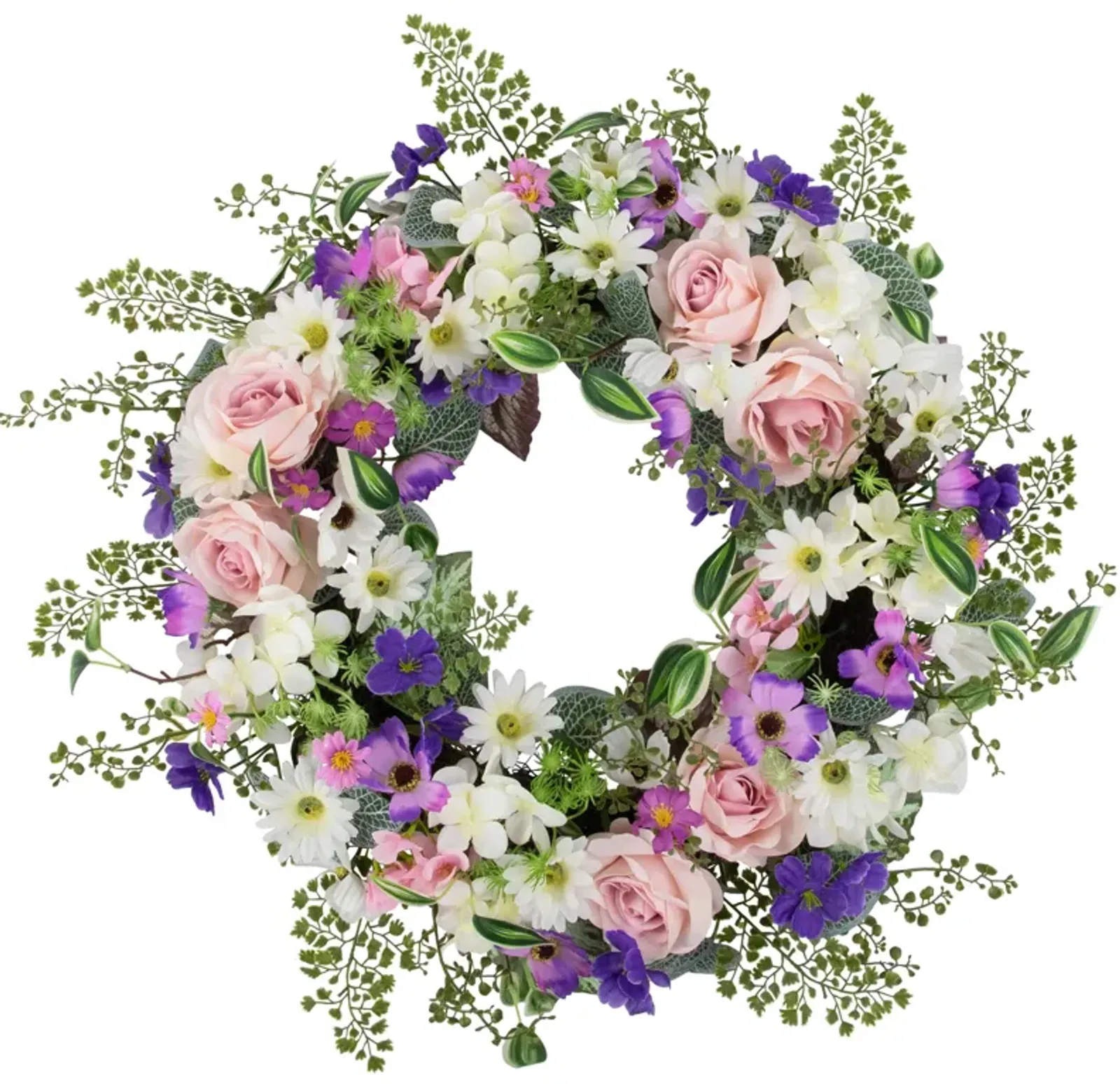 Mixed Floral and Fern Artificial Spring Wreath  24-Inch