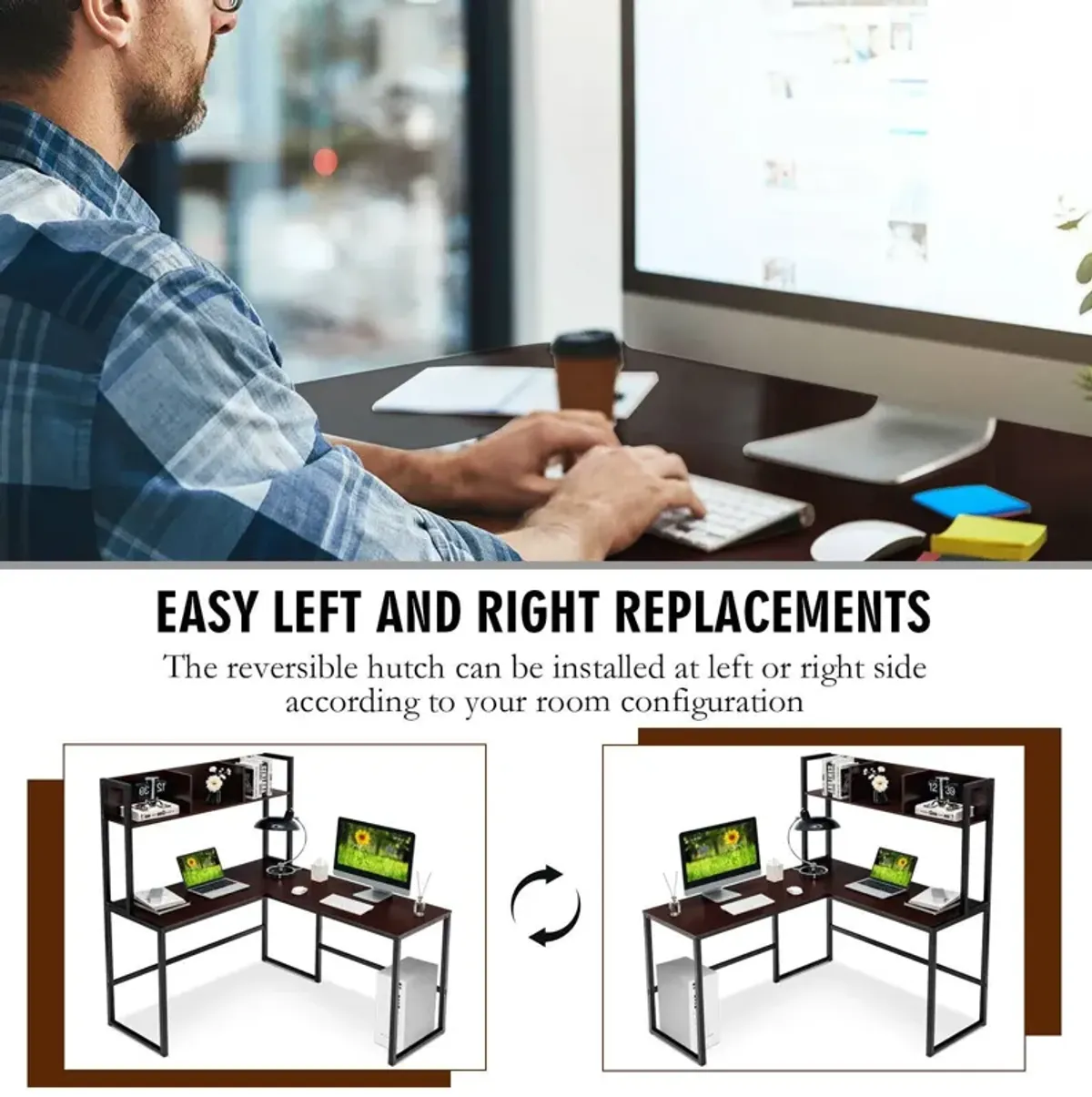 Reversible L-Shaped Corner Desk with Storage Bookshelf