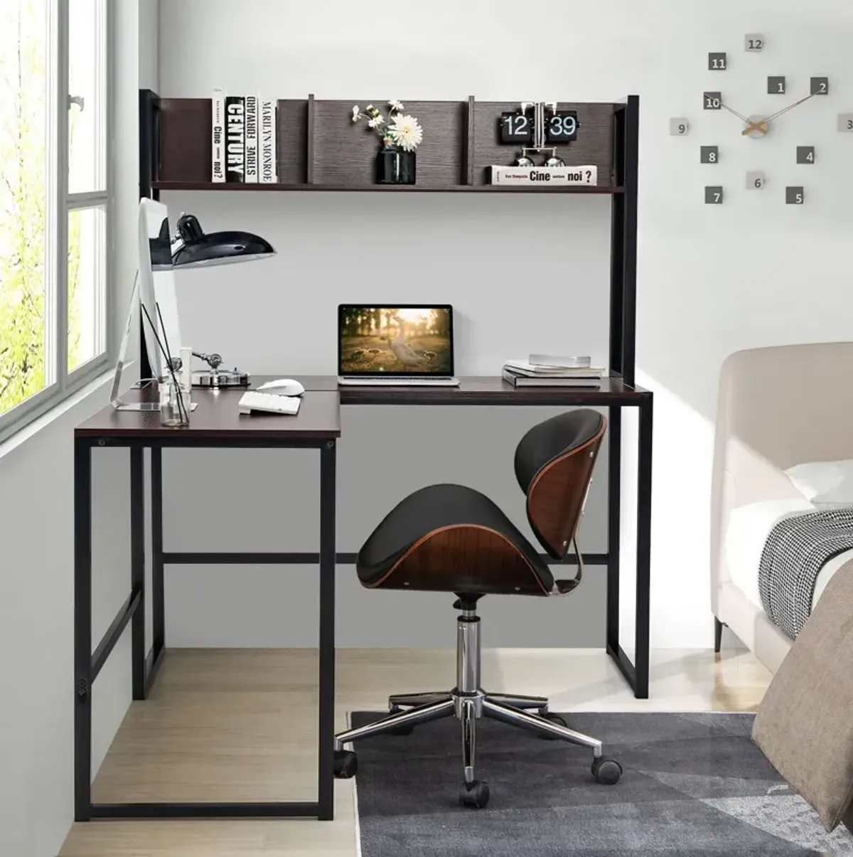 Reversible L-Shaped Corner Desk with Storage Bookshelf