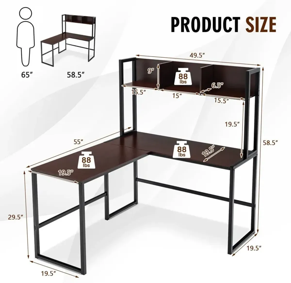 Reversible L-Shaped Corner Desk with Storage Bookshelf