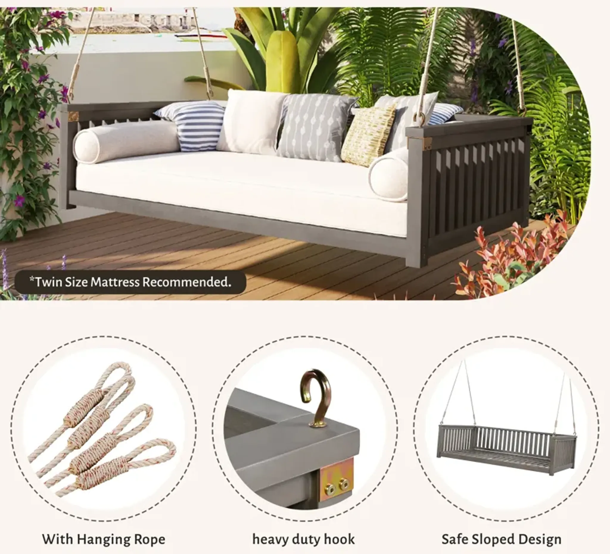 Minimalist Twin Garden Swing Bed With Ropes Acacia Wood Safe Sloped ...