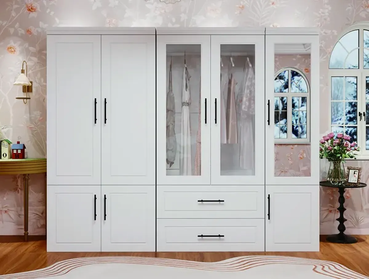 71" High Wardrobe, Wood Closet Wardrobe with 2 Drawers and Mirror for Bedroom White