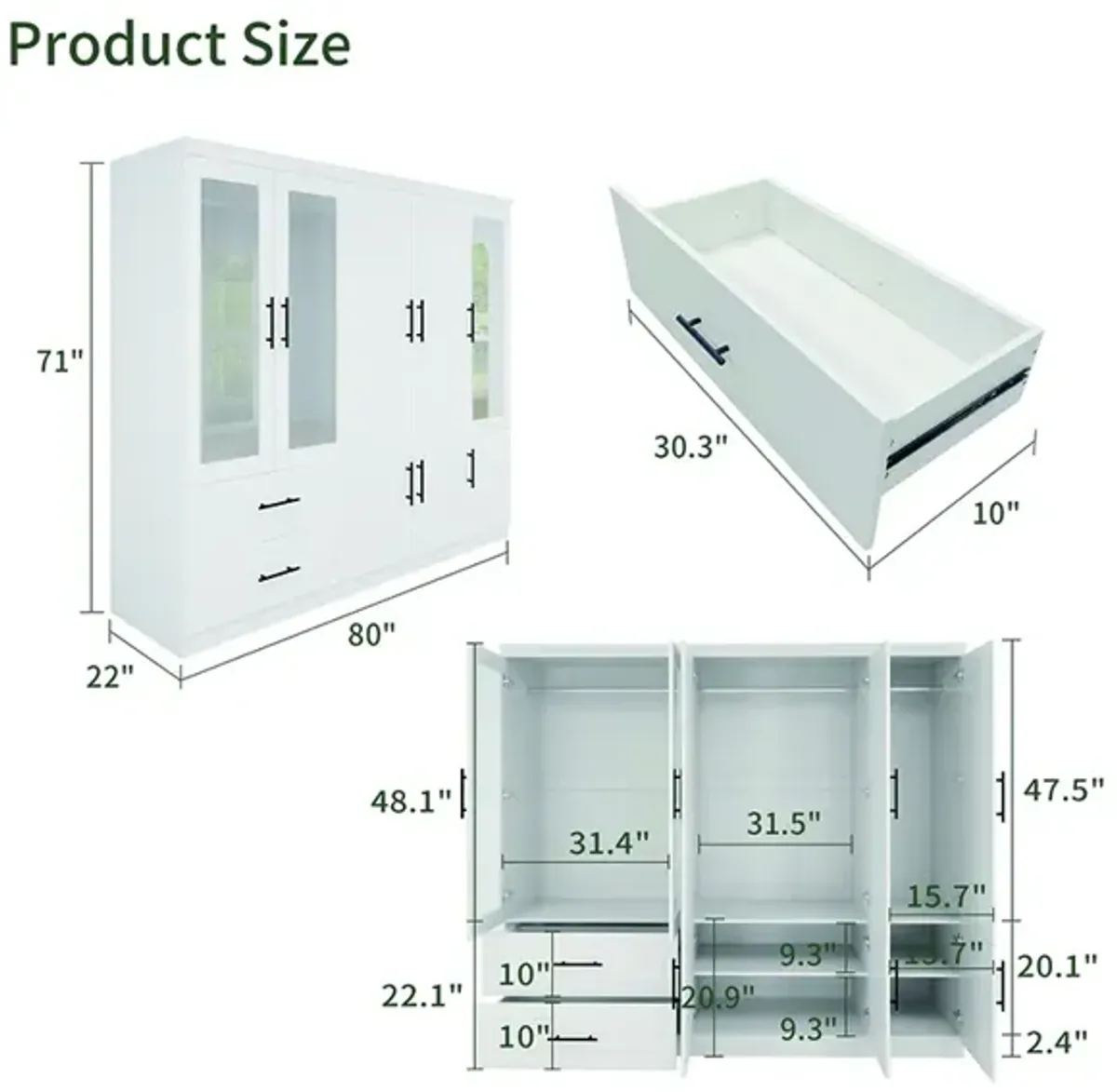 71" High Wardrobe, Wood Closet Wardrobe with 2 Drawers and Mirror for Bedroom White