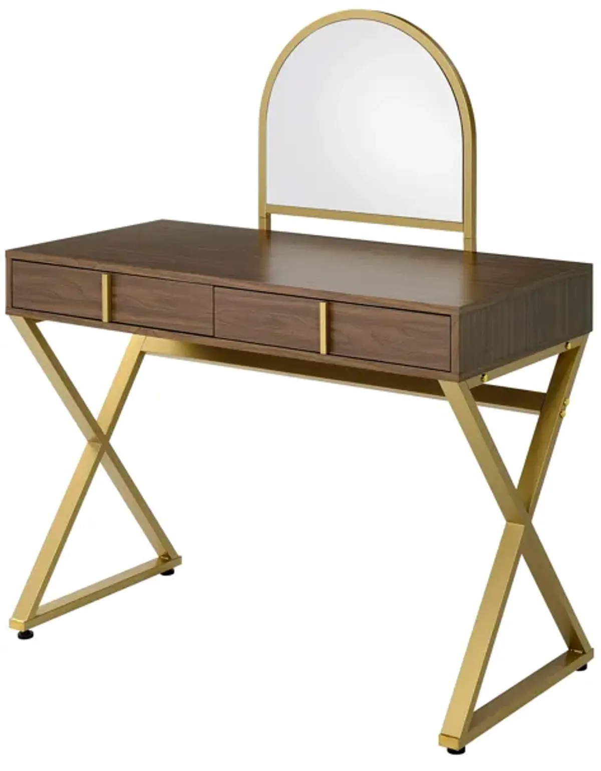 ACME Coleen Vanity Desk w/Mirror & Jewelry Tray, Walnut & Gold Finish