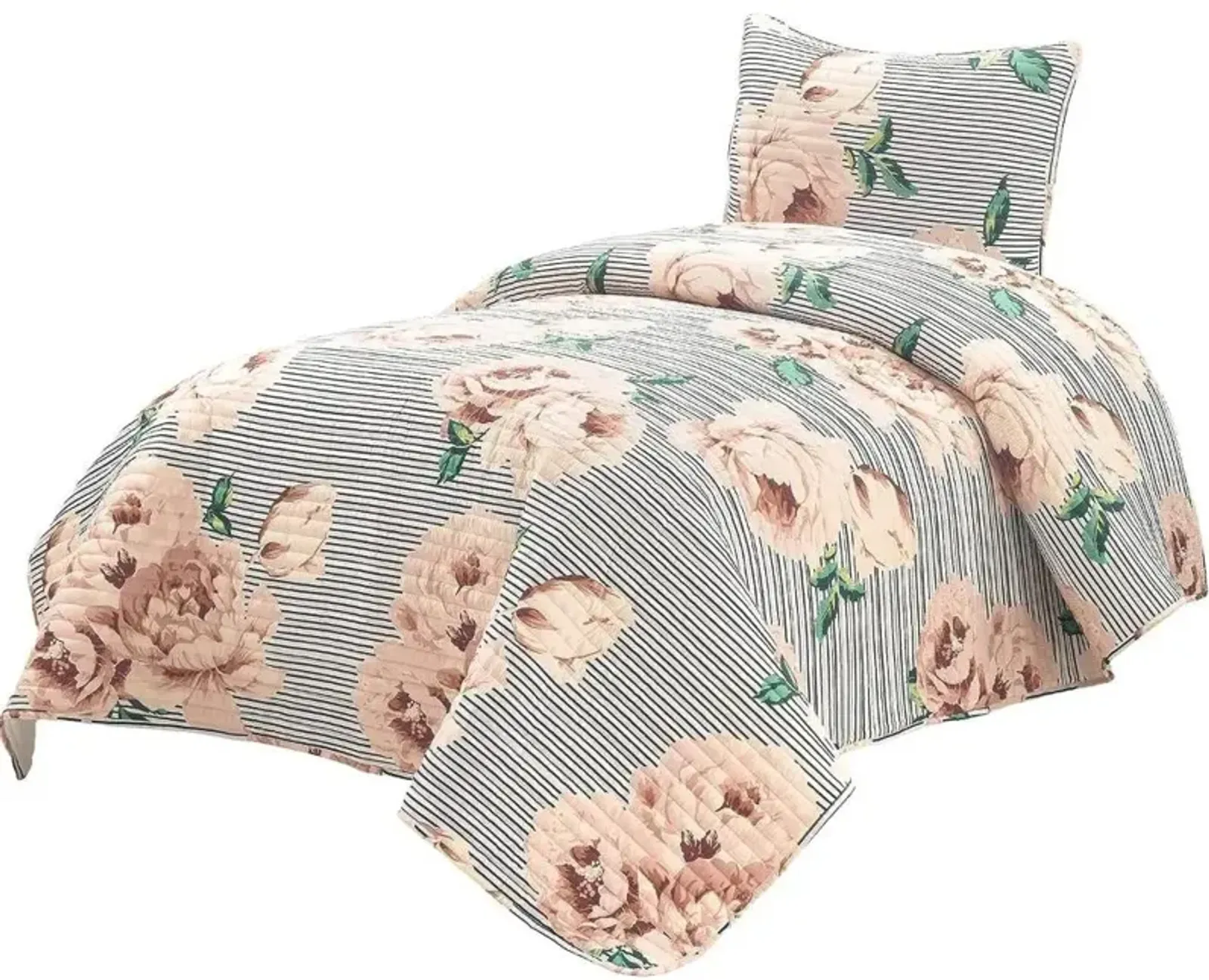 Polyester Black White Striped Rose Floral 3 Piece Quilt Set