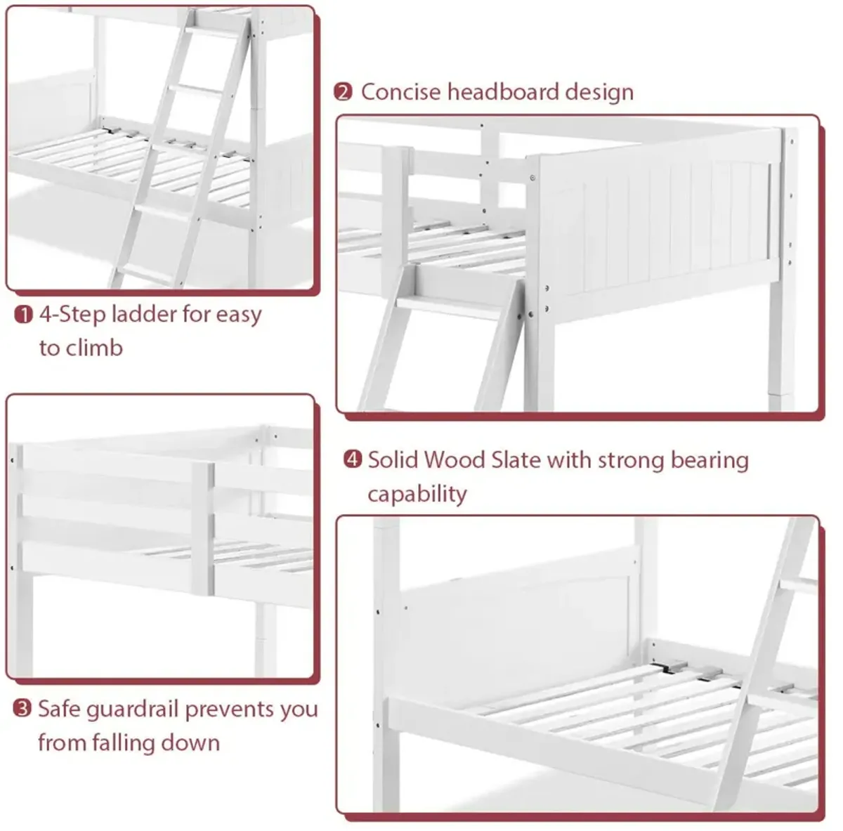 Wooden Twin Over Twin Bunk Bed Frames with Ladder and Safety Rail