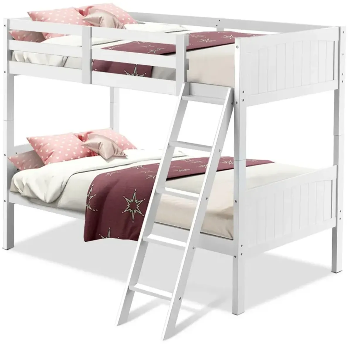 Wooden Twin Over Twin Bunk Bed Frames with Ladder and Safety Rail