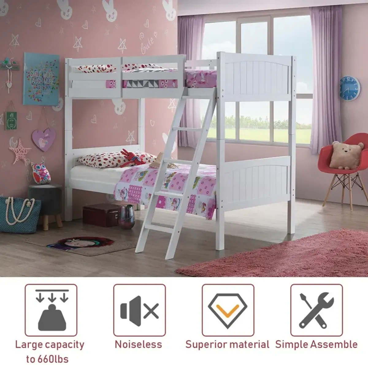 Wooden Twin Over Twin Bunk Bed Frames with Ladder and Safety Rail