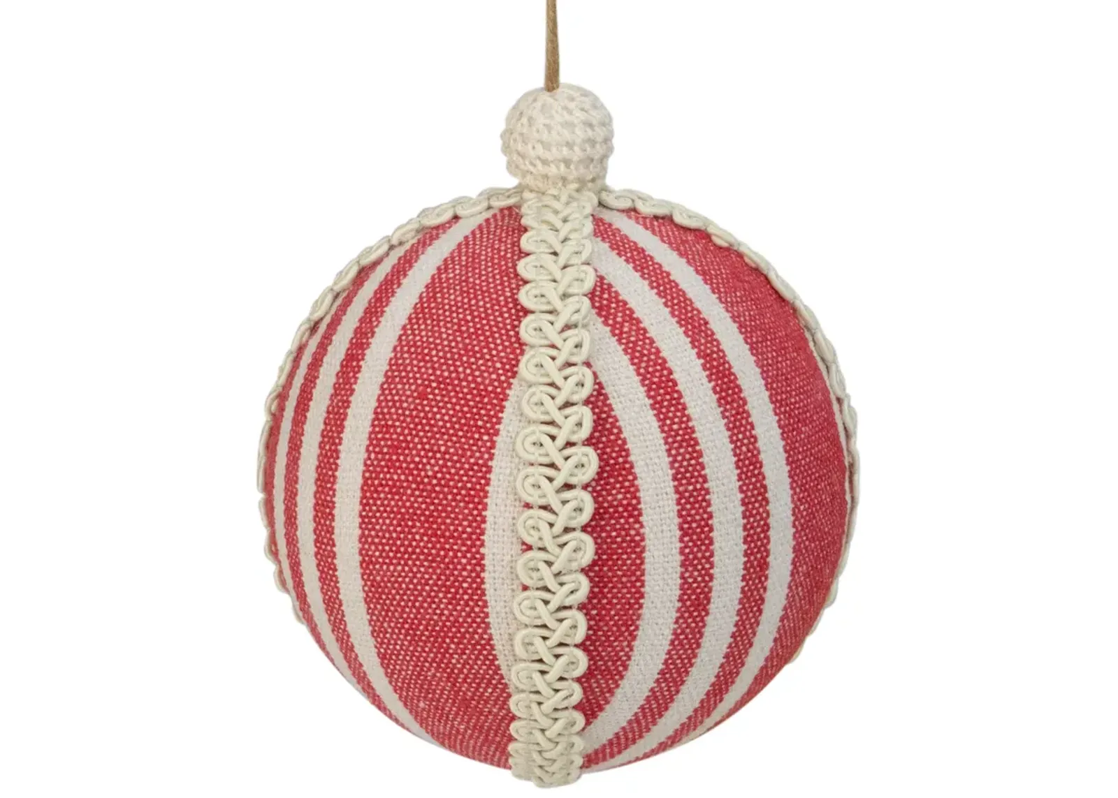 4.75" Red and White Striped Ball Christmas Ornament with Rope Accent