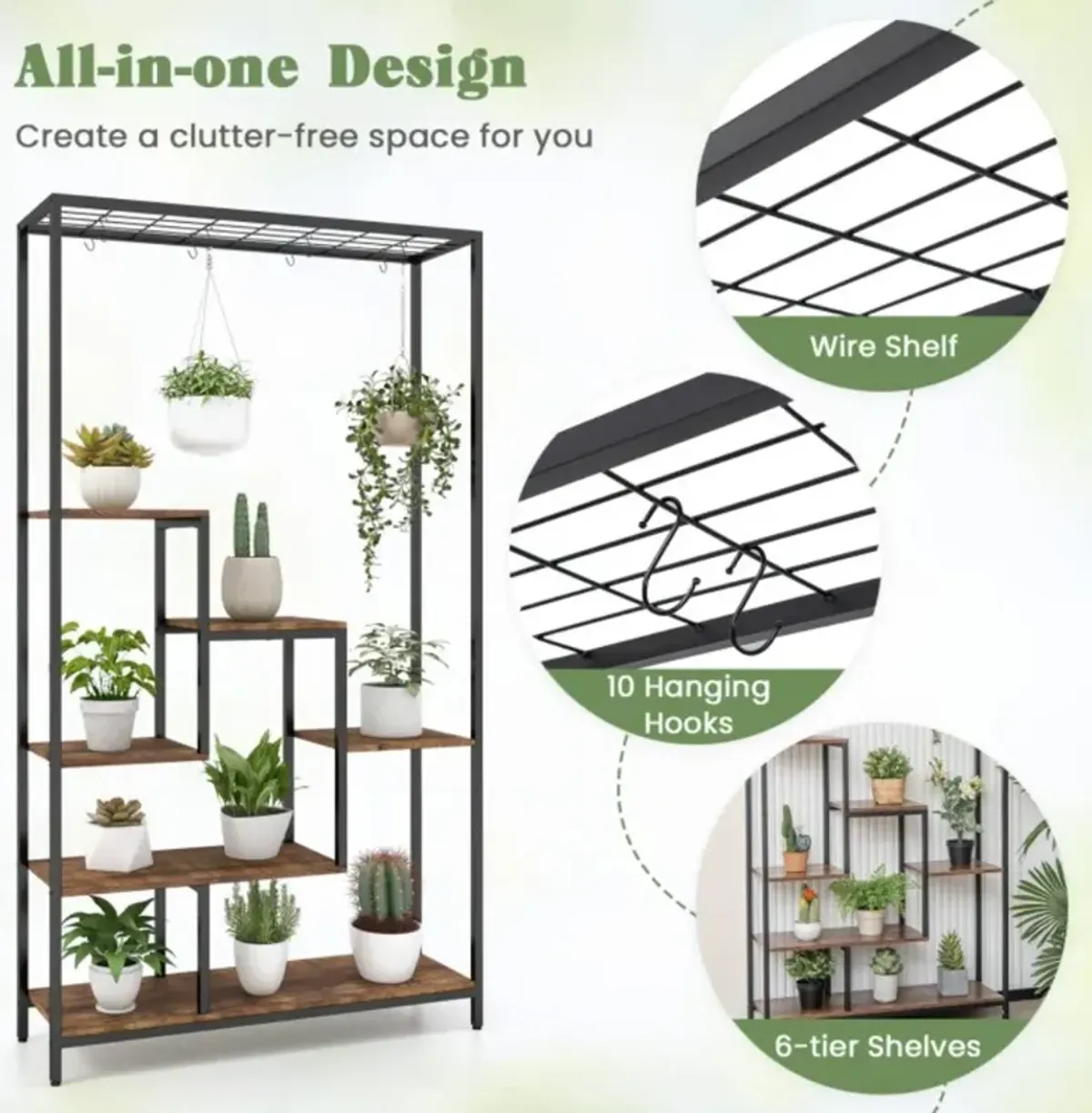 Hivvago 6-Tier Tall Plant Stand 71 Inch Metal Indoor Plant Shelf with 10 Hanging Hooks