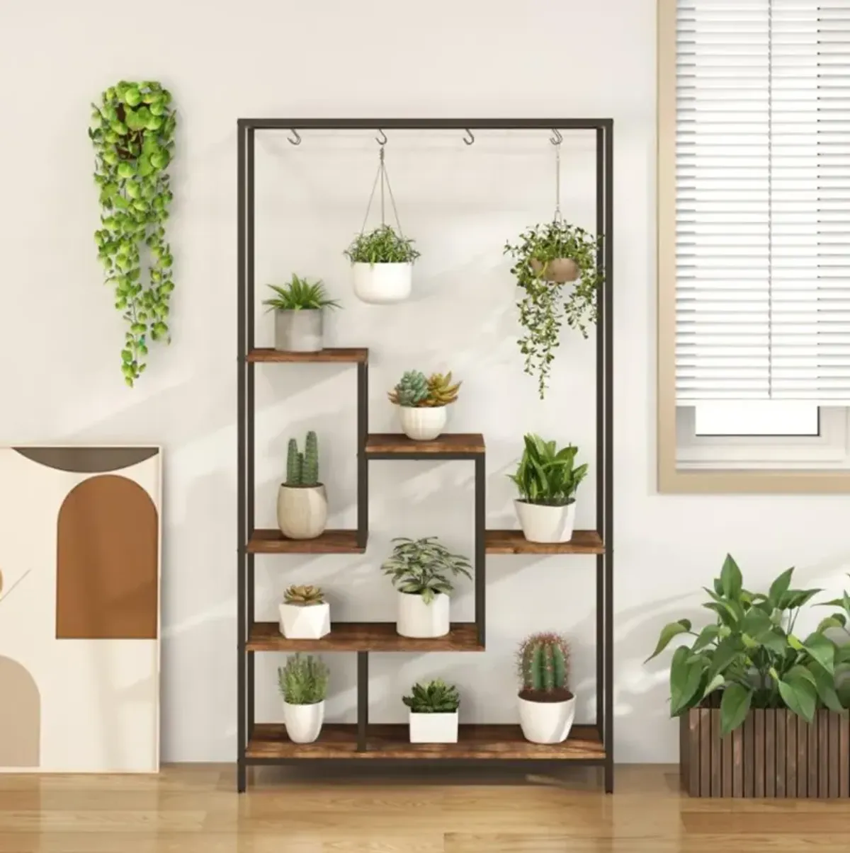 Hivvago 6-Tier Tall Plant Stand 71 Inch Metal Indoor Plant Shelf with 10 Hanging Hooks