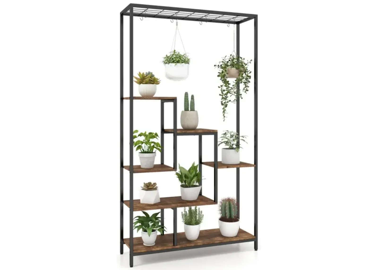 Hivvago 6-Tier Tall Plant Stand 71 Inch Metal Indoor Plant Shelf with 10 Hanging Hooks