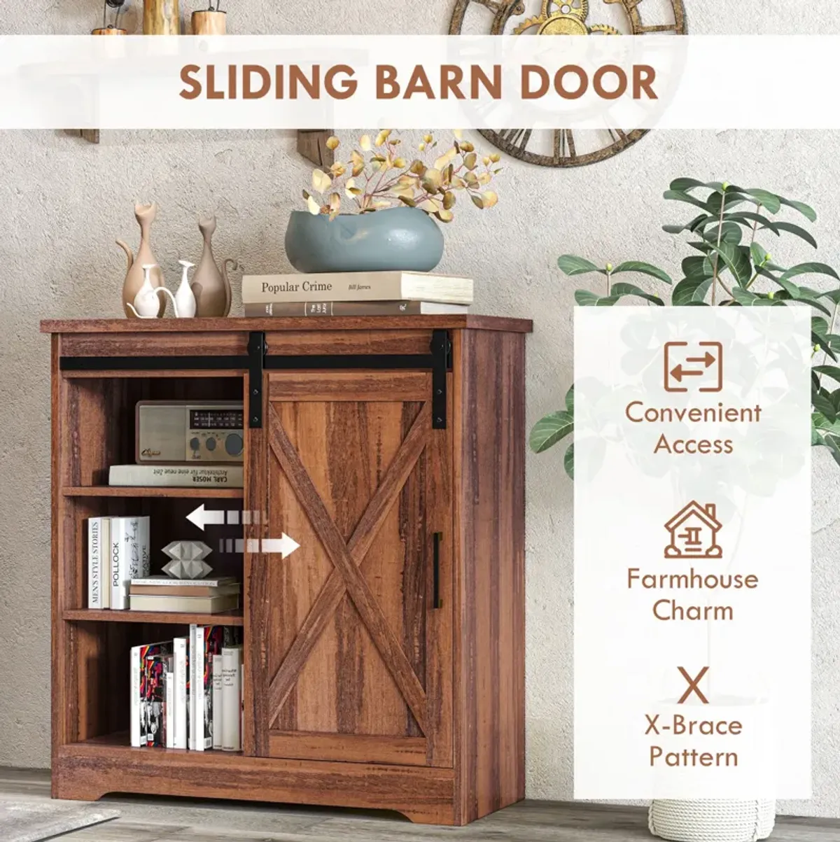 Brown Farmhouse Buffet: Sliding Barn Door, Adjustable Shelf