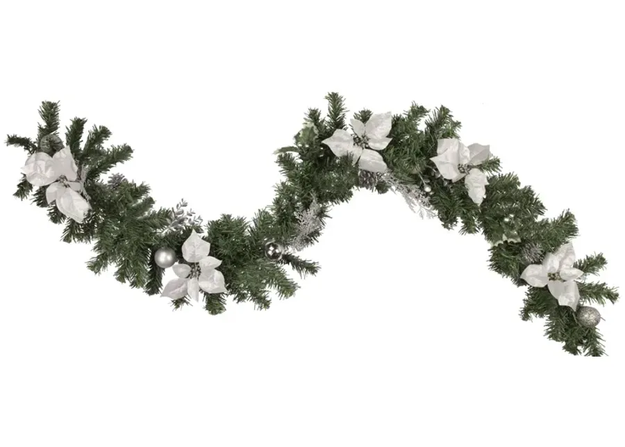 6' x 9" Silver Poinsettia and Pinecone Artificial Christmas Garland  Unlit