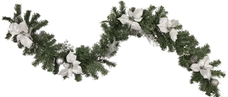 6' x 9" Silver Poinsettia and Pinecone Artificial Christmas Garland  Unlit