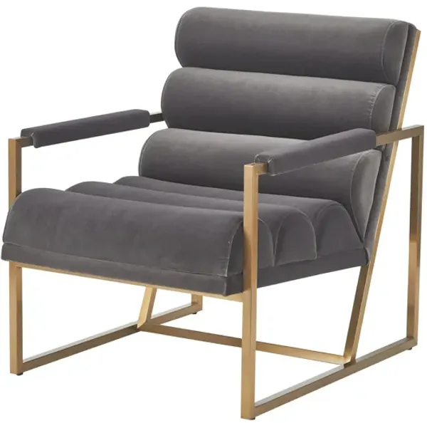Cid Dave 27 Inch Accent Chair, Tufted Gray Velvet, Square Steel Legs, Brass