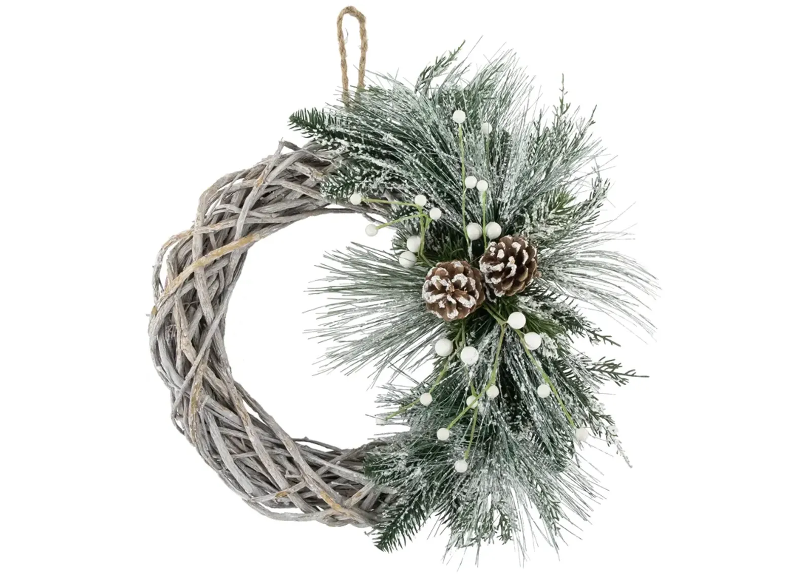 Frosted Pine Cone and Foliage Artificial Christmas Twig Wreath  15 Inch  Unlit