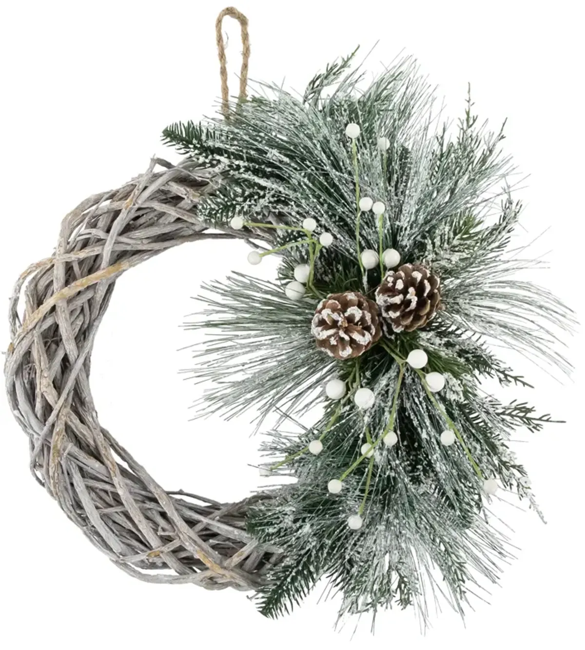 Frosted Pine Cone and Foliage Artificial Christmas Twig Wreath  15 Inch  Unlit