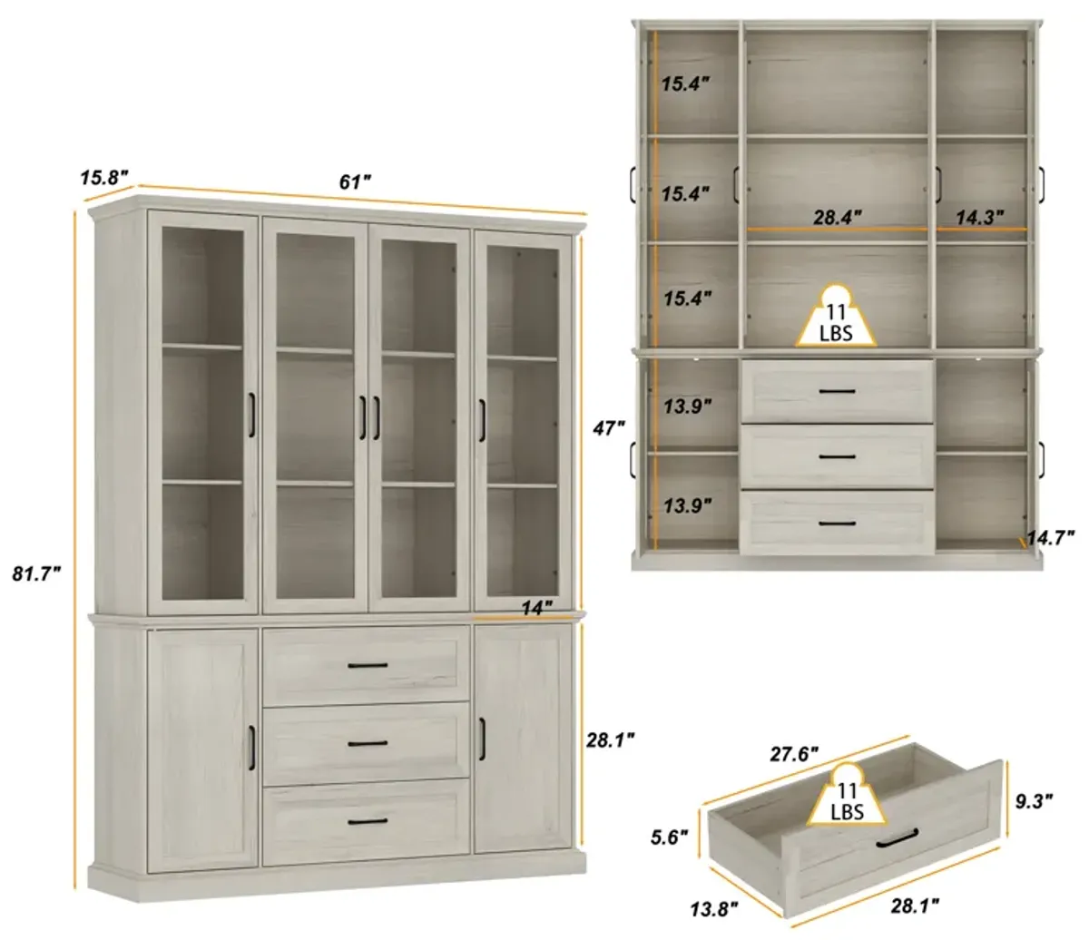 FUFU&GAGA Modern 3-Drawer Glass Door Bookcase with Fixed Shelves, (61" W x 15.8" D x 81.7" H), Light Wood Finish