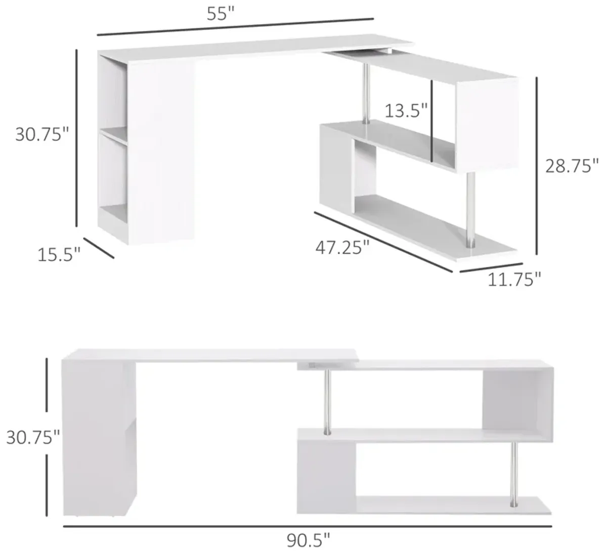 White Versatile Office: 55" 360° Rotating L-Shaped Desk with Storage