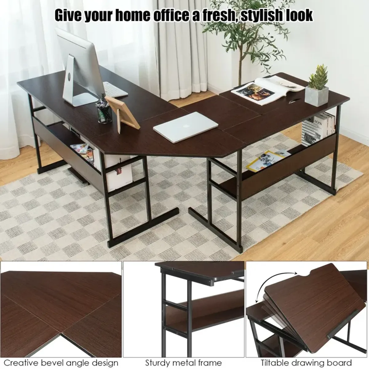 L-Shaped Computer Desk with Tiltable Tabletop-Brown