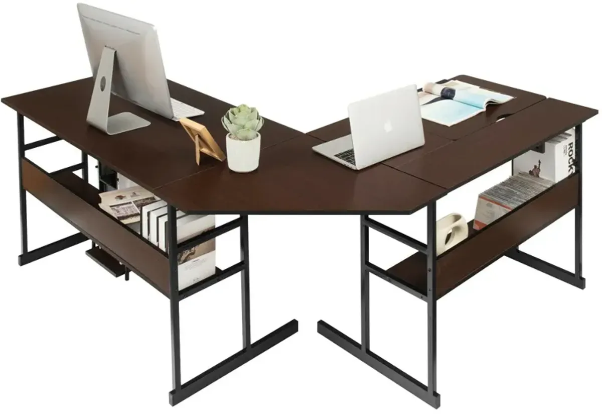 L-Shaped Computer Desk with Tiltable Tabletop-Brown