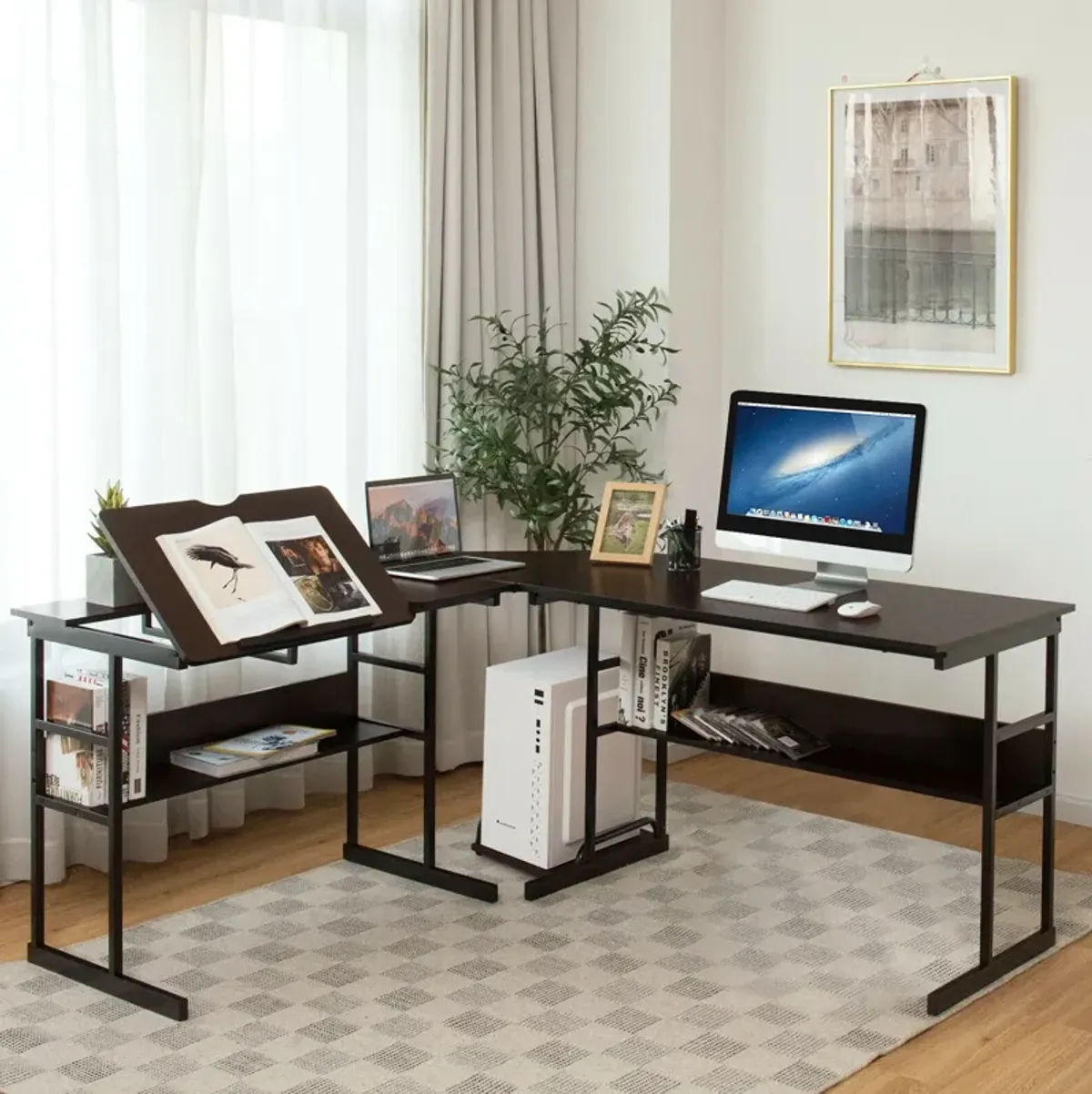 L-Shaped Computer Desk with Tiltable Tabletop-Brown