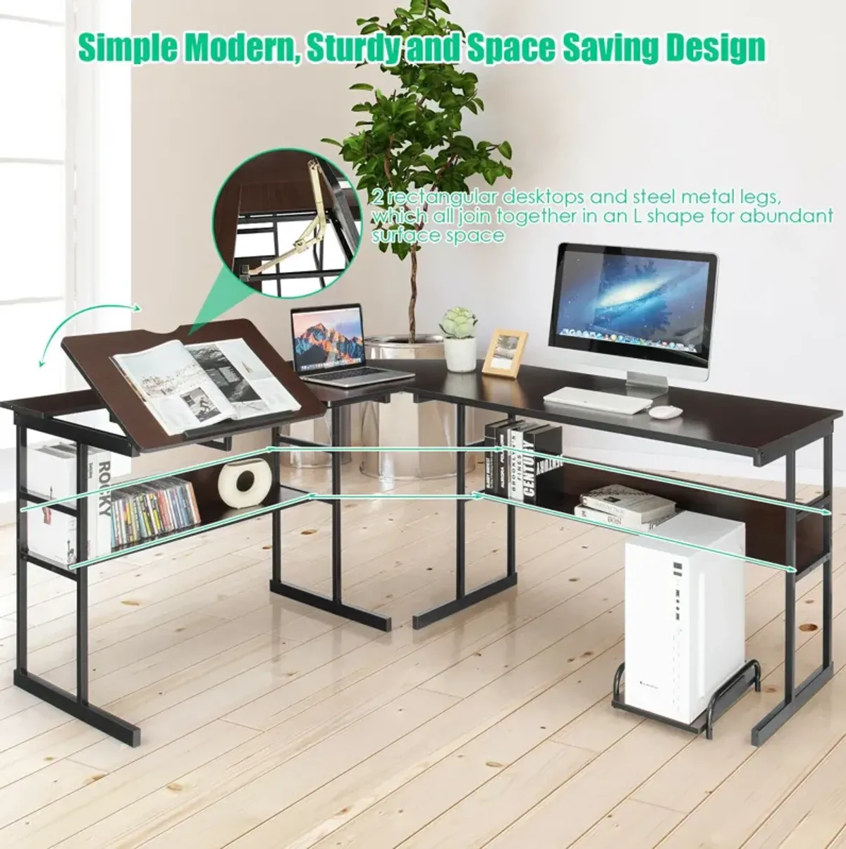 L-Shaped Computer Desk with Tiltable Tabletop-Brown