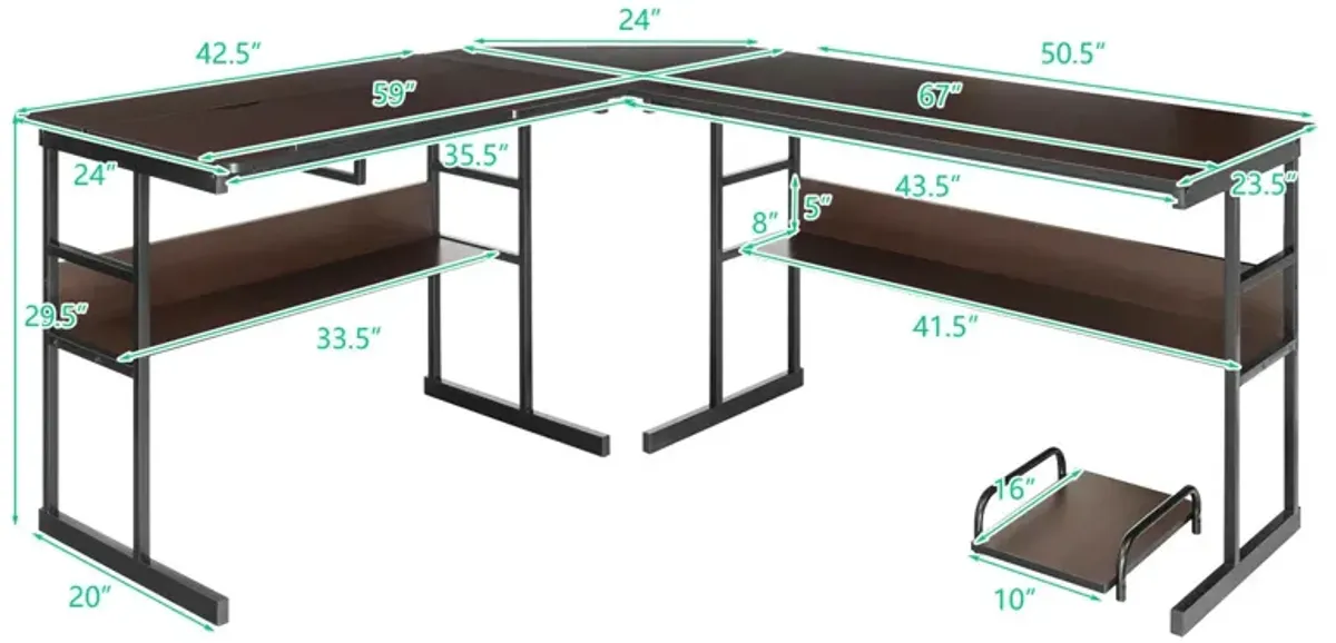 L-Shaped Computer Desk with Tiltable Tabletop-Brown