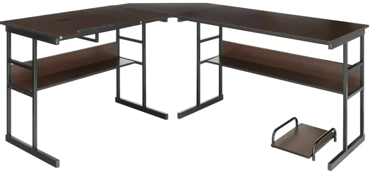 L-Shaped Computer Desk with Tiltable Tabletop-Brown