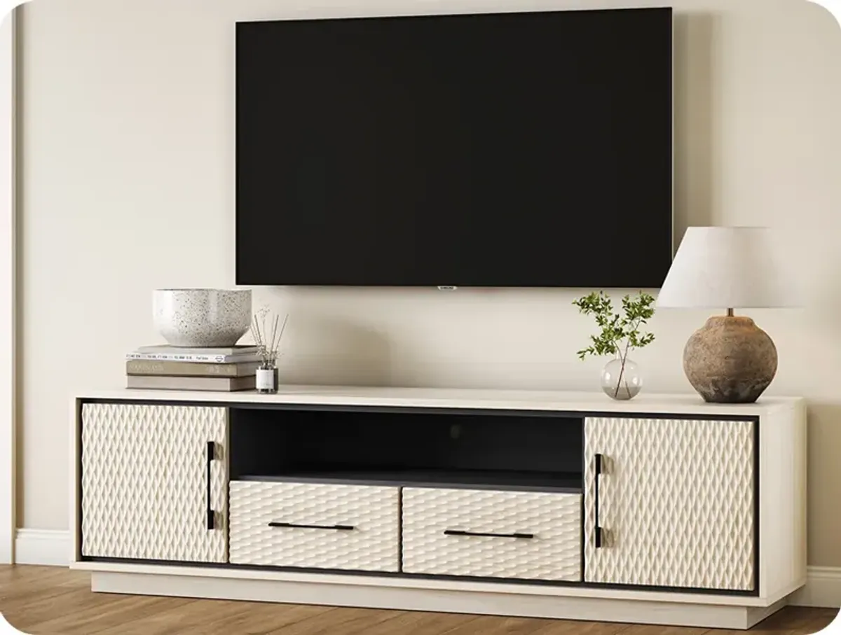 BELLEZE 68" Embossed TV Stand For Tv Up to 75", Mid Century Modern Entertainment Center with Storage & 2 Drawers, Media Console Cabinet for Living Room (White Lotus)