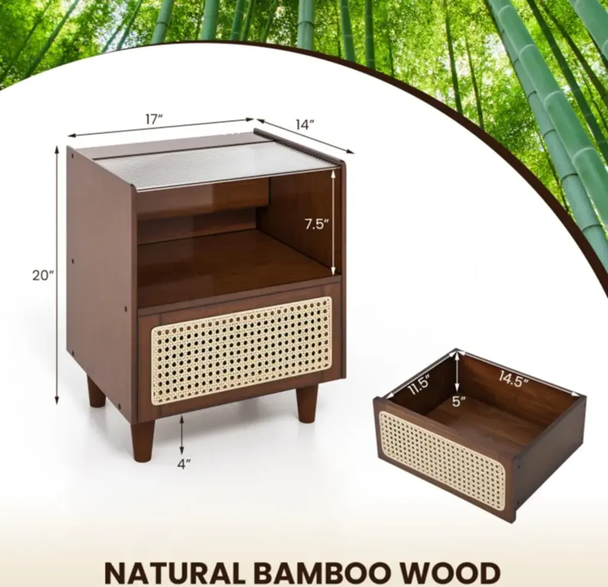 Hivvago Bamboo Rattan Nightstand with Drawer and Solid Wood Legs