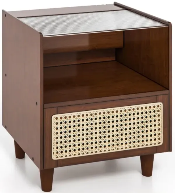 Hivvago Bamboo Rattan Nightstand with Drawer and Solid Wood Legs