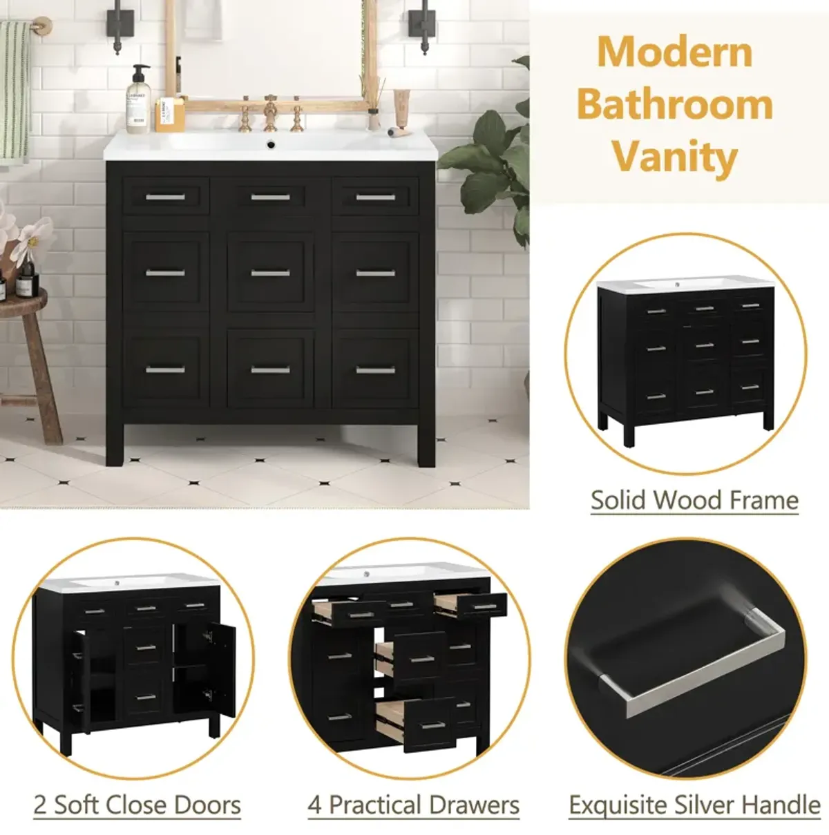 Gewnee 36" Bathroom Vanity Cabinet with Resin Integrated Sink - 4 Drawers, 2 Doors