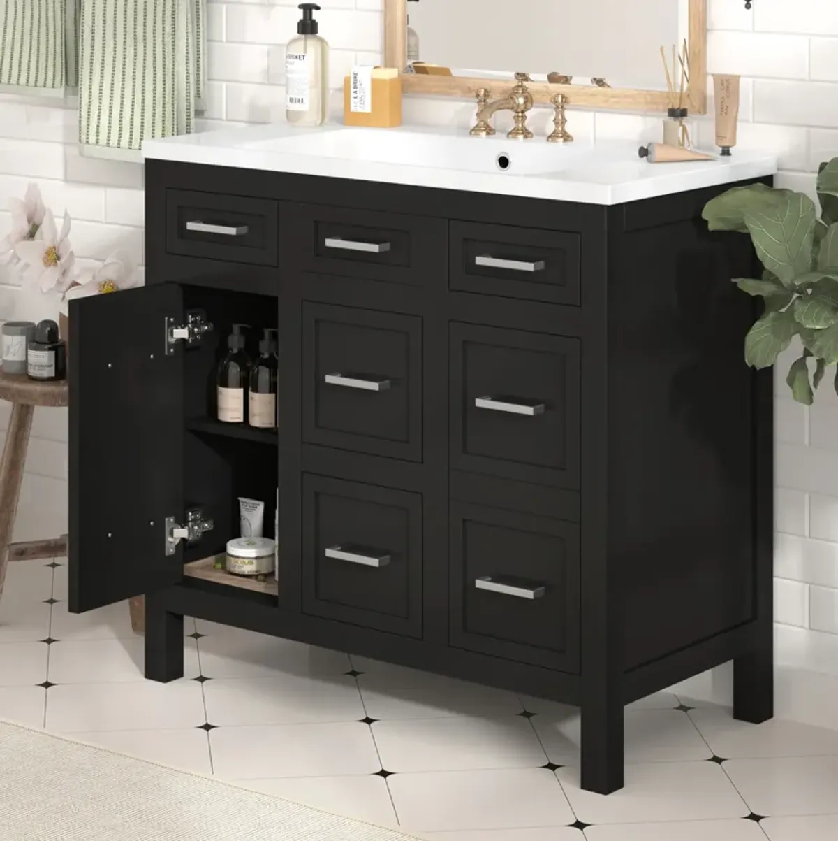 Gewnee 36" Bathroom Vanity Cabinet with Resin Integrated Sink - 4 Drawers, 2 Doors