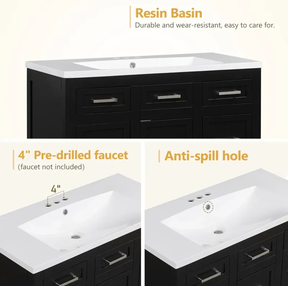 Gewnee 36" Bathroom Vanity Cabinet with Resin Integrated Sink - 4 Drawers, 2 Doors