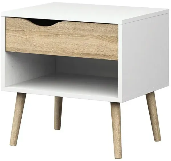 Modern Mid Century Style End Table Nightstand in White & Oak Finish