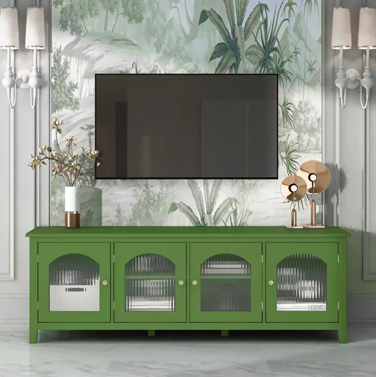 Streamdale Stylish 71-Inch TV Stand with Antique Green Glass Door