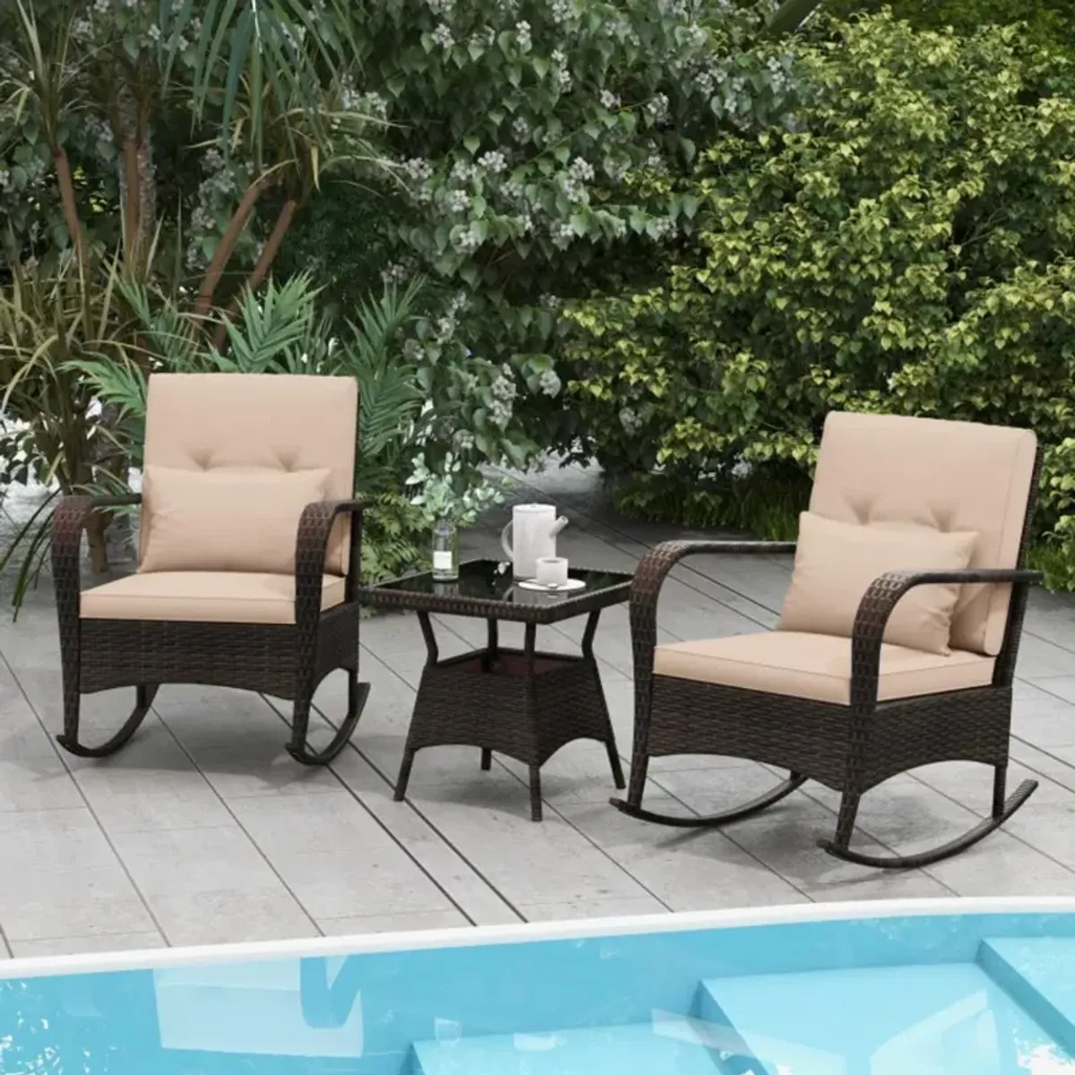 Hivvago 3 Pieces Outdoor Rocking Set with Tempered Glass Coffee Table for Backyard Poolside