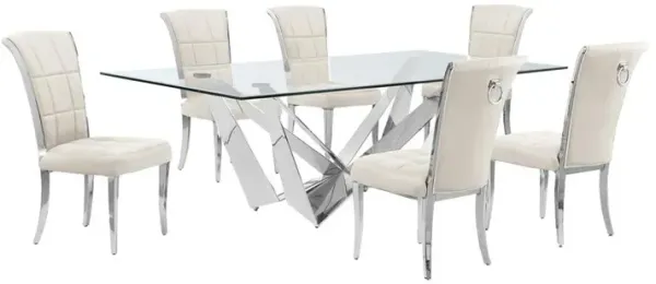 7pc Large(94") glass dining set with silver base and 6 Cream side chairs