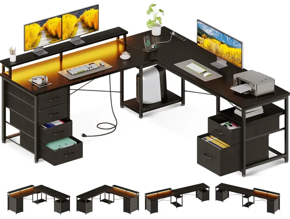 AODK 66 L Shaped Computer Desk, 113 Reversible Home Office Desk with File Cabinet & 4 Fabric Drawers, Two Person Desk with LED