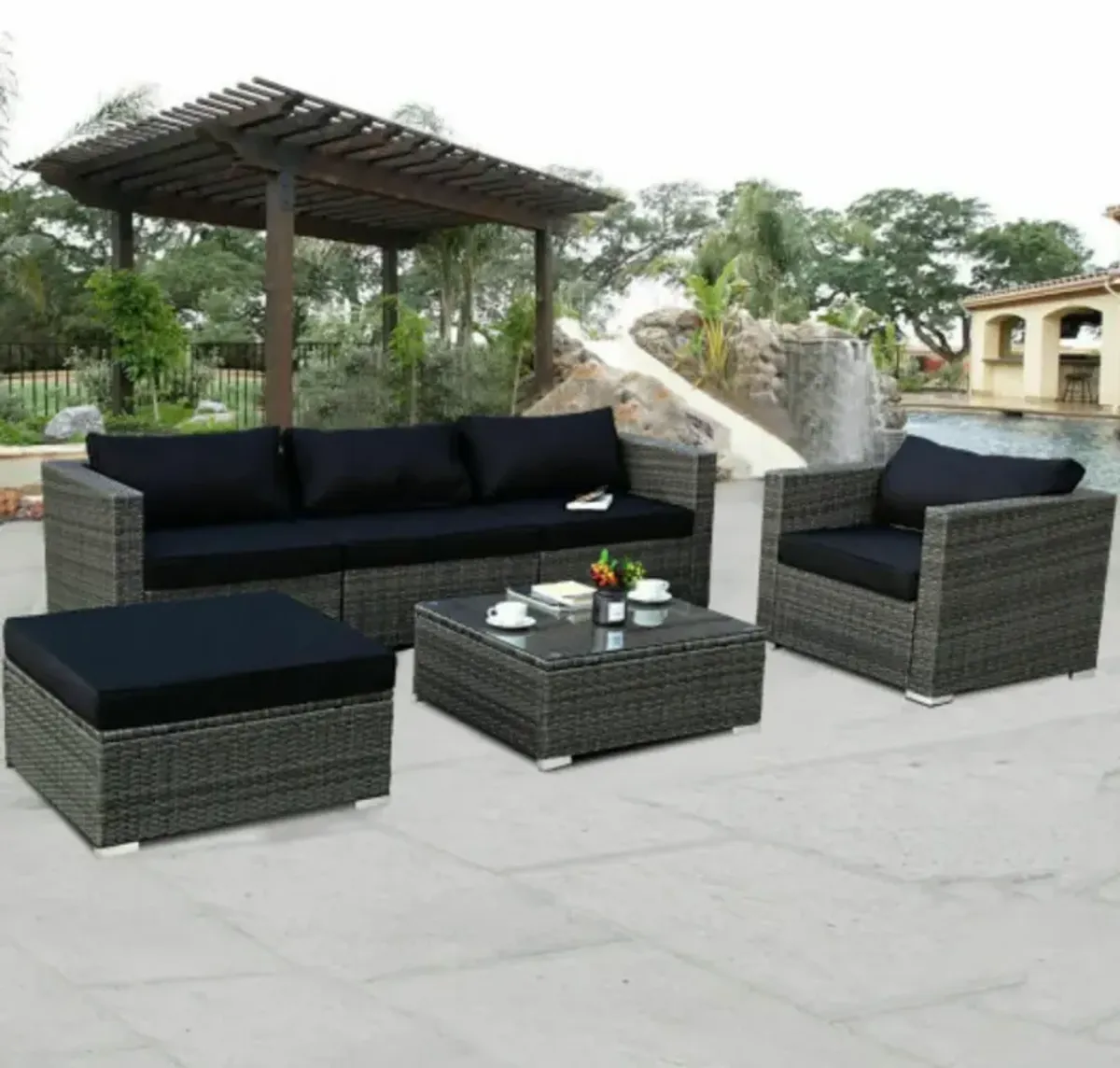 Rattan Wicker Patio Sofa Set with Black Cushion