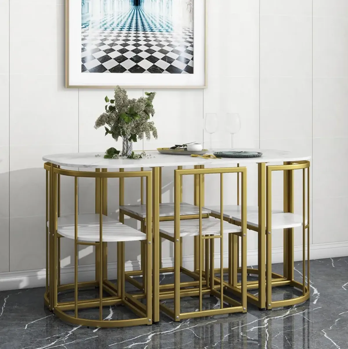 Modern 7-Piece Dining Table Set with 6 Stools