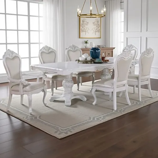 Zenie 7pc Dining Set, White Solid Wood Table, 6 Chairs, Faux Leather - Benzara