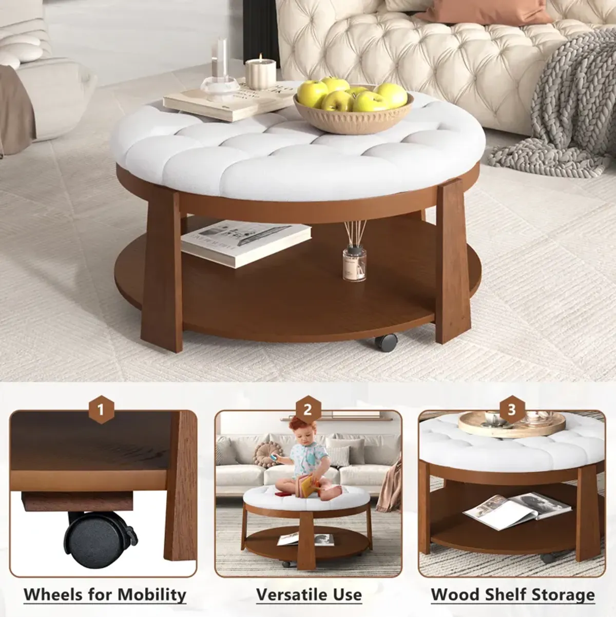 Merax 2-Tier Round Ottoman Coffee Table with Wheels