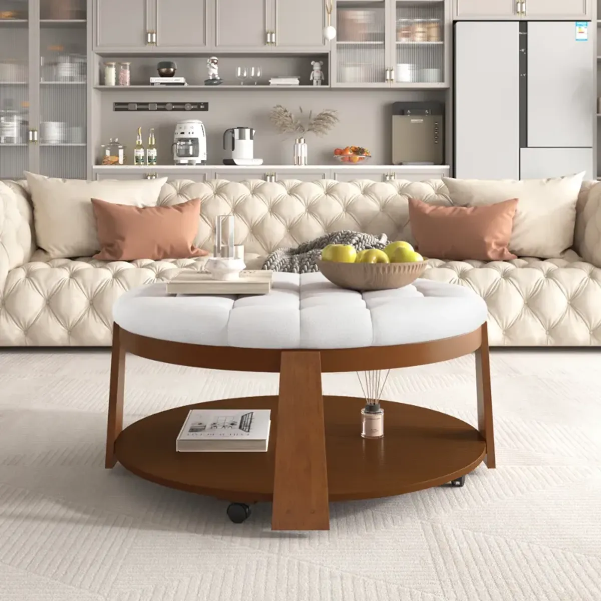 Merax 2-Tier Round Ottoman Coffee Table with Wheels