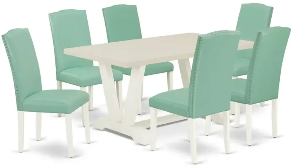 East West Furniture 7 Pc Mid Century Dining Set Consists of a Linen White Wood Table and 6 Pond PU Leather Upholstered Dining Chairs with High Back - Wire Brushed Linen White Finish