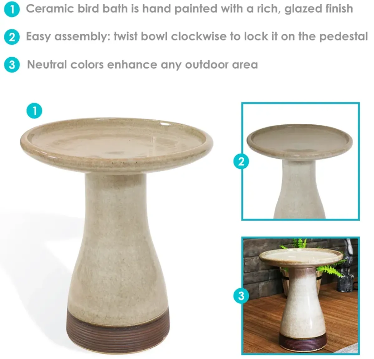 Sunnydaze Outdoor Glazed Ceramic Bird Bath - 20.5 in