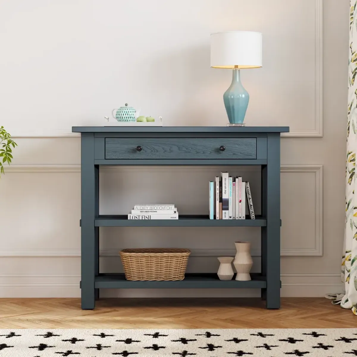Clihome Entryway Table with Storage, Retro Console Table with Drawer and Two Sturdy Shelves for Entryway, Living Room (Navy)